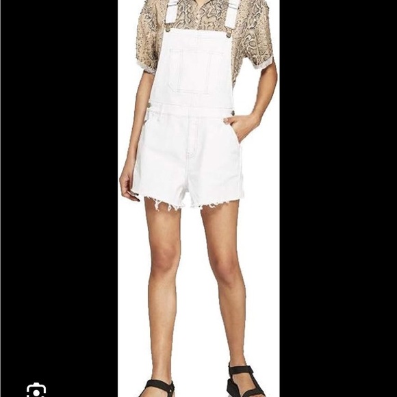 Cream Denim Shortalls with Frayed Hem - Picture 1 of 5